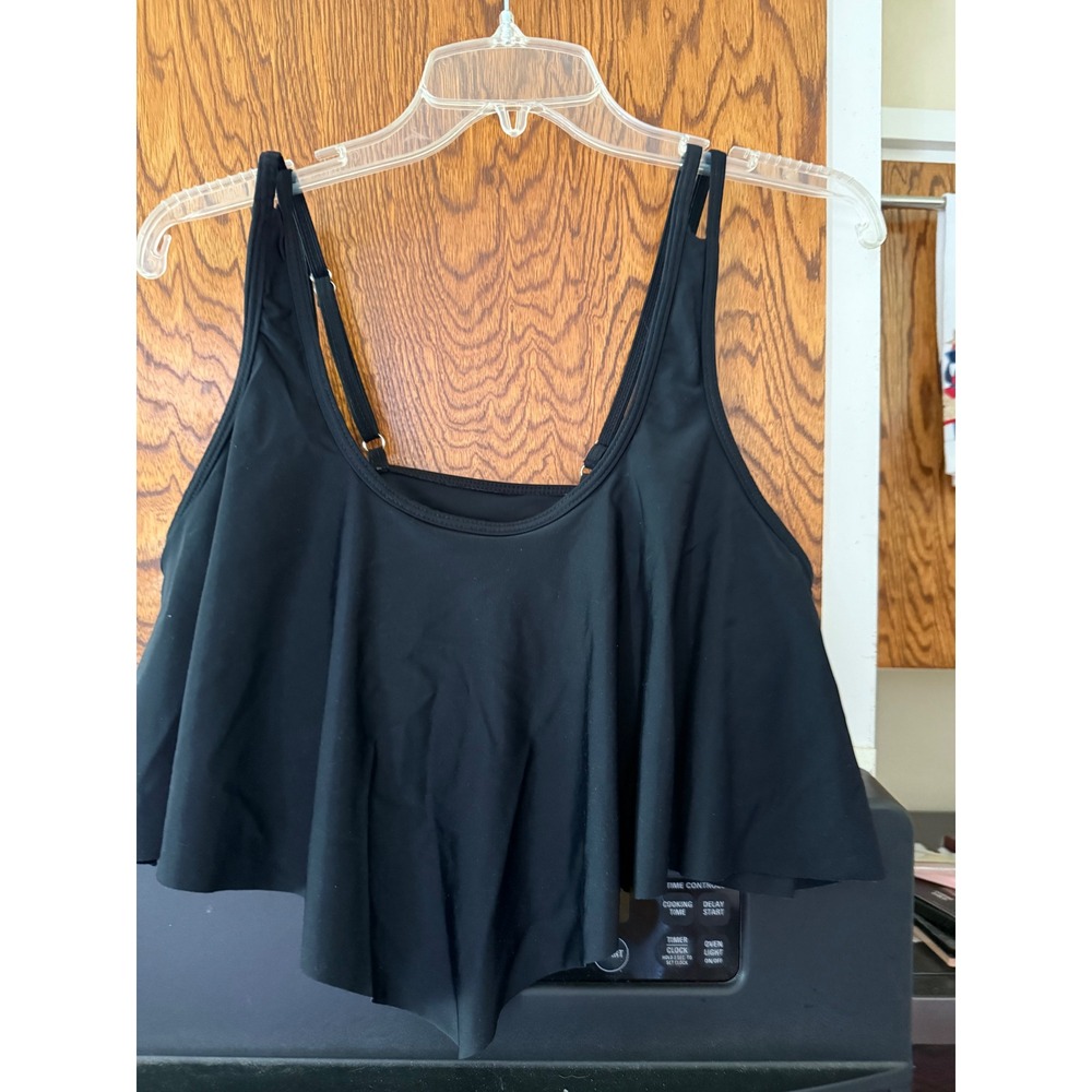 Black Tiered Ruffle Tankini Swim Top Double Adjustable Straps Large